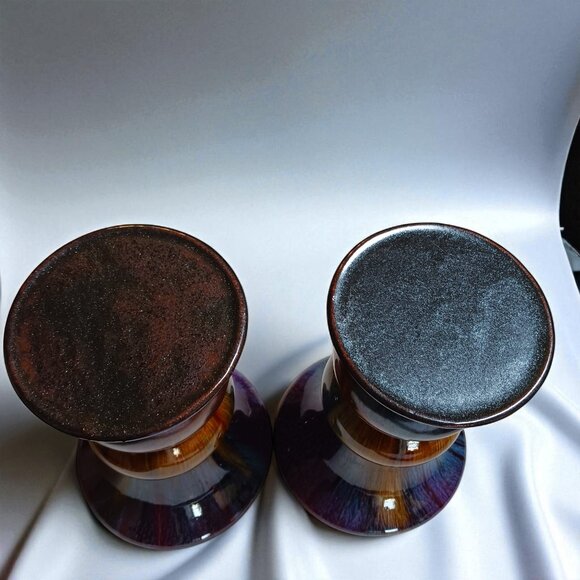 Vintage Set of Two Flambé Ceramic Candle Holders Pair Purple Blue Orange Pillars - Picture 4 of 10